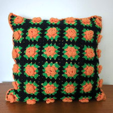 Vintage Retro Crochet Cushion Orange Black Green Flowers 3D 70s