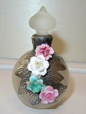 Designer Small 925 Silver Matt Glass&Porcelain Flowers Perfume Bottle,~SIGNED~  
