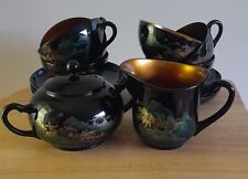 Vintage Chinese Lacquer Cups & Saucers x6, Milk Jug, Lidded Sugar Bowl