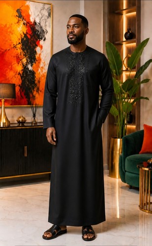 Luxury men black jalabiya - black, &
