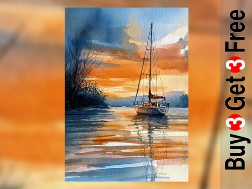 Calm sailboat sunset - sunset, 5"x7"