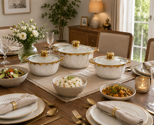 3pc white gold ceramic serving - white,