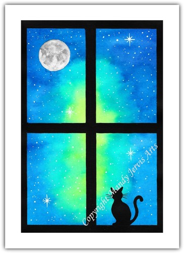 Cat moon stars window - cat,