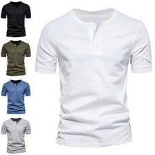 New Mens Henley Grandad Solid T Shirts Tee Summer Short Sleeve Casual Loose Tops
