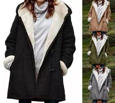 Womens Winter Fleece Lined Coats Horn Button Long Sleeve Hoody Jacket Outwear UK