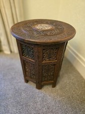 1920s Antique Octagonal Folding Anglo Indian Side Table Hand Carved Inlaid