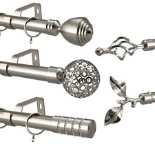 Custom Curtain Pole Fixed Length Brushed Chrome Metal Rail Rod Various Finials