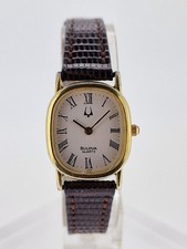 Bulova Vintage Ladies Oval Gold Watch Quartz White Roman Dial Lizard-Grain Strap