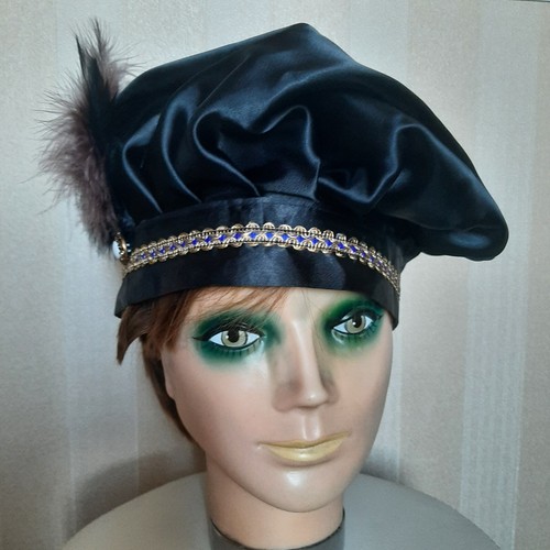 Black satin medieval hat beret - black,