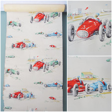 Vintage Roll Wallpaper 1950s Hand Block Printed Motor Racing Cars Home Decor  #1