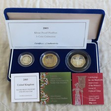 UK 2003 PIEDFORT 3 COIN SILVER PROOF SET - boxed/coa