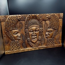 Vintage African Hand carved Wood Panel Tribal Faces Benin Ghana Wall Art L50cm