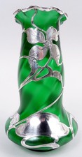 Loetz Vase Antique Art Nouveau Austrian Green Glass American Silver Overlay