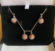 Vintage Murano Glass Bead Venetian Necklace & Earring Set In Silver Tone