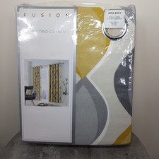 Fusion Lennox Grey Yellow Eyelet Curtains 66"x90" Fully Lined New In Packaging 