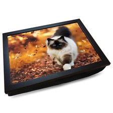 Deluxe Cushioned Lap Tray | Wooden Frame | Birman Burmese Cat in Autumn Leaves