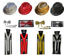 Set Of Sequin Gangster Hat Plain Braces And Tartan Bow Tie