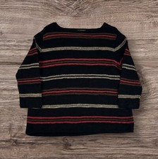 Ralph Lauren Sweater Jumper Striped Linen Blend 3/4 Sleeve Boat Neck Knit  Black