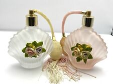 Vintage Pair Pink/White Satin Glass China Roses Perfume Atomisers