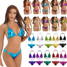 UK Sexy Womens Shiny Metallic Bikini Set Halter Bra Tops with Briefs Swimwear