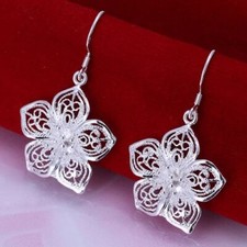925  Sterling Silver Vintage Flower Drop Earrings + Bag UK Women/Ladies