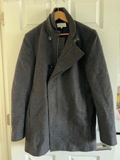 REISS Gray 71% Wool Blend Overcoat Jacket XL Double Collar Zip Button Closure