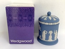 Boxed Wedgwood Jasper Ware Pottery Neoclassical Blue Tobacco Pot Jar Box
