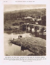 STAVERTON Devon Anglers at the Bridge - Vintage Print 1932