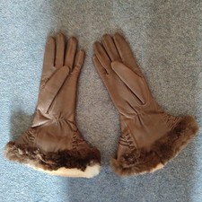 Vintage Brown Long Leather Gloves With  Fur Trim ladies small 