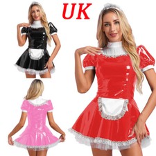 Womens Patent Leather French Maid Outfit Halloween Costume Cosplay Apron Dress