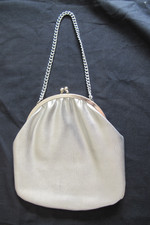 1950s VINTAGE UNUSED SILVER EVENING DRESS LINED BAG W/CHAIN HANDLE