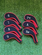 7x Golf Iron Covers / Black + Red / 6,7,8,9,PW,AW,SW / Long Neck + Zip Up