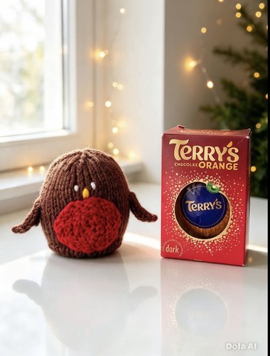 Hand knitted christmas robin - hand,