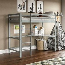 High Sleeper Bunk Bed Cabin Loft Bed Frame Desk Pine Wood Kids Single 3FT Grey