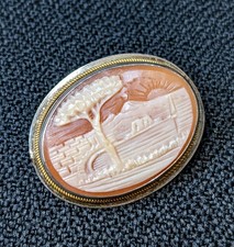 Sterling Silver Landscape Carved Shell Cameo Brooch Antique Gilded Band