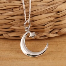 Solid 925 Sterling Silver Crescent Moon and Star Pendant Necklace Chain Gift Box