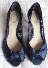 debut Ladies Occasion Evening Peep Toe Shoes Navy Blue Size UK6 Lace & Satin