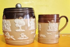 DOULTON LAMBETH STONEWARE HUNTING TOBACCO JAR & DOULTON LAMBETH HUNTING MUG