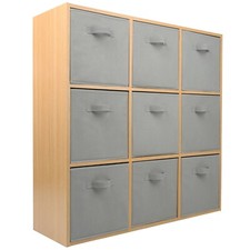 Oak 3 Tier 9 Cube Storage Bookcase Shelf Display Unit White Fabric Shelving Box