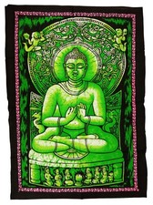 Hindu Buddhist Lord Buddha Batik Effect Wall Hanging Bright Green 82 x 114 cm