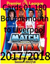 Cards # 01 -180 Match Attax 2017/2018 Topps Cards 17/18 Bournemouth to Liverpool