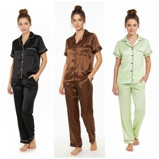 Women Satin Pyjamas Nightwear PJs Set Ladies Silk Short Sleeve Button Sleepwears