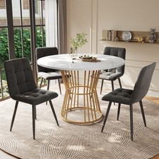 Round Dining Table & Chairs Set Marble Effect Kitchen Table with 4 Chairs Grey