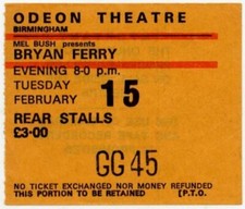 Bryan Ferry Roxy Music Odeon Theatre, Birmingham 15/2/77 Ticket