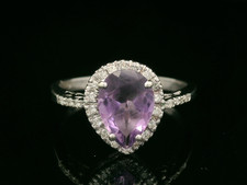 9ct White Gold, Pear Cut Amethyst & Diamond Ring - Size R 1/2