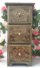 Handcrafted Indian Wooden 3 Drawer Chest Jewelry Trinket Box Vintage Boho Decor