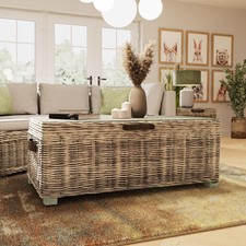 FWStyle Lift Up Storage Coffee Table Kubu Rattan Greywash Pine Ready Assembled