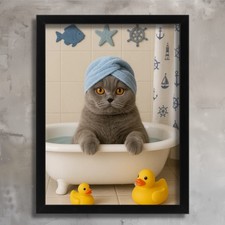 British Shorthair Cat in Bathtub Wall Art Print Cute Bathroom Decor Funny Cat
