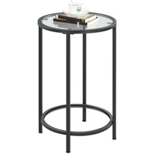 Glass Side Table Round End Coffee Table with Metal Frame for Living Room, Black