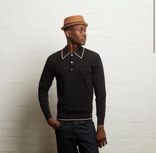Gabicci Vintage "Ned" Long Sleeve Polo, Black, Medium, Archive Inspired, BNWT